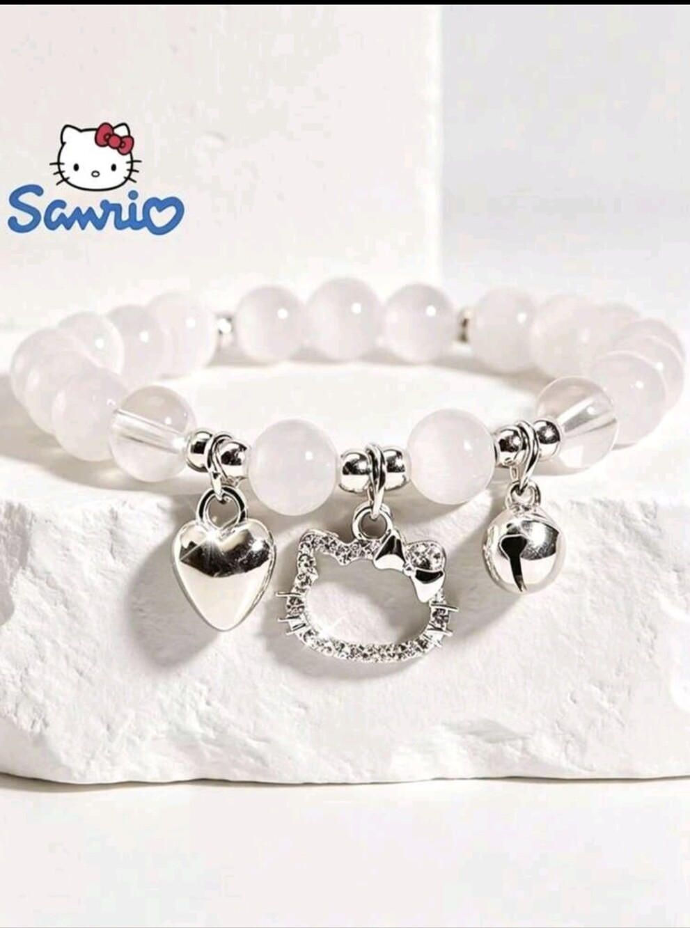 Sanrio Silver-Tone Hello Kitty Charm Bracelet with White Beads